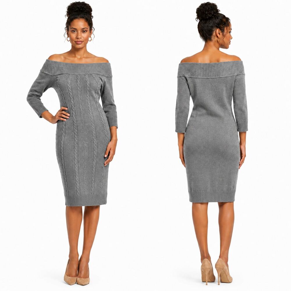 NY & Company Gray Off Shoulder Sweater Dress Large Cable Knit 3/4 Sleeve Knee
